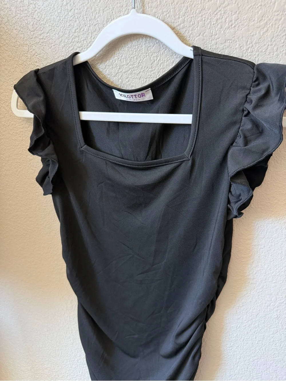 NWOT Girls' Black Ruched Square-Neck Dress with Flutter Sleeves, 13-14 yrs old
